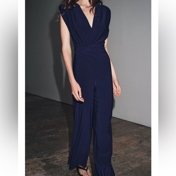 Zara NWT navy blue draped ruched v neck shoulder padded stretchy jumpsuit